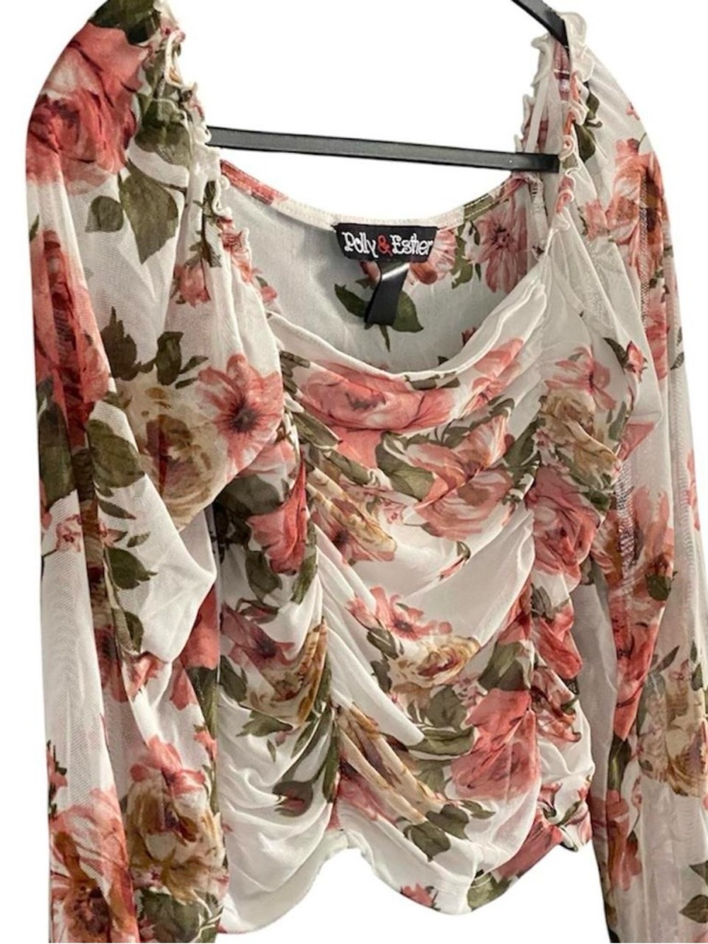 Floral Mesh Ruched Crop Top M Sheer Long Sleeve Y2K Coquette Fairycore Romantic - Picture 7 of 8